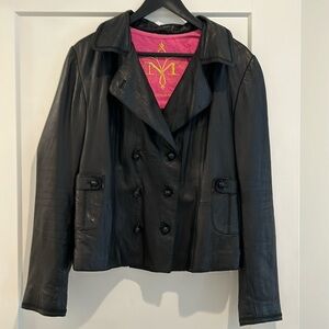 Mackage M/L genuine leather jacket, black with satin sleeve lining. Good cond!